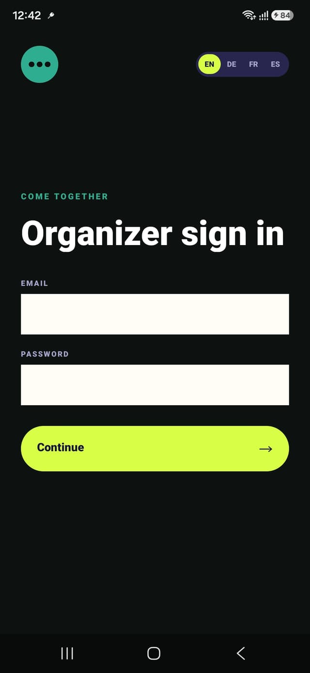 Come Together Android organizer sign-in screen with language selector