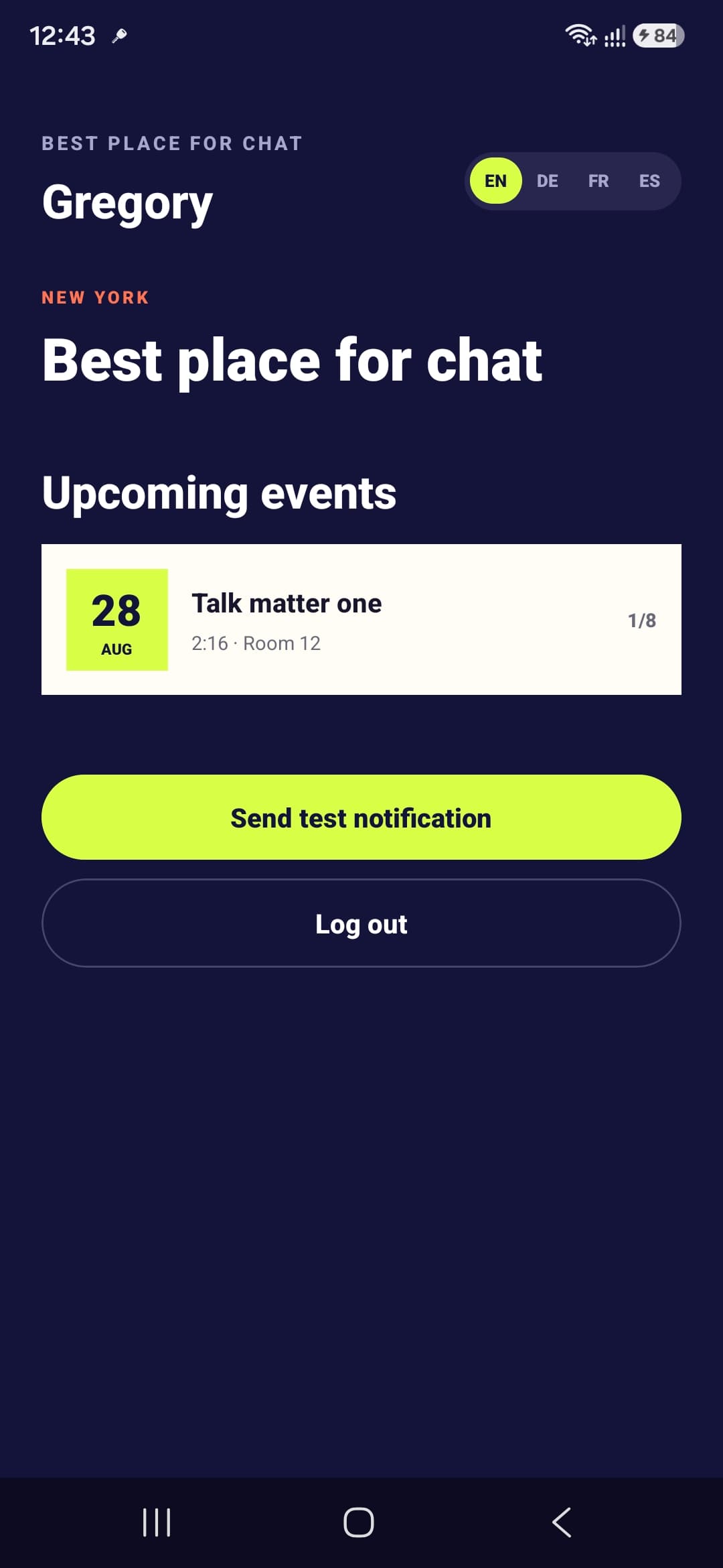 Come Together Android organizer dashboard with an upcoming club event