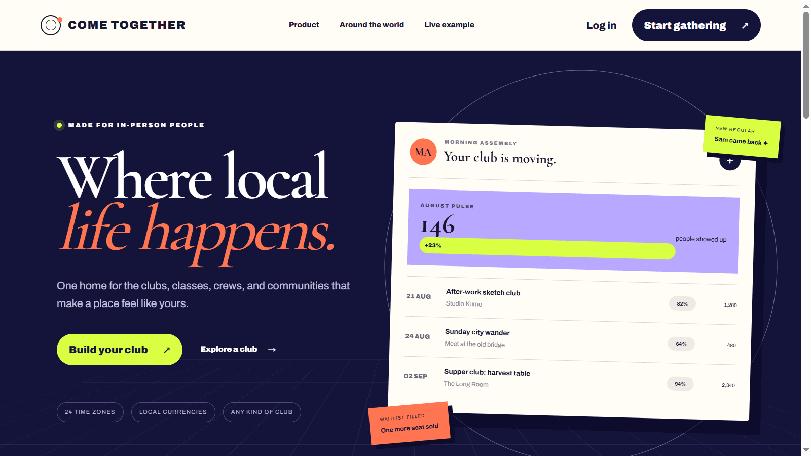 Come Together website showing local club discovery, event activity, and organizer calls to action