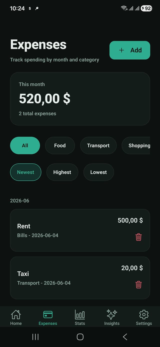 ExpenseFlow app settings with theme and language choices