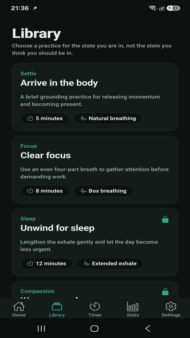 MeditationFlow library screen with mindful practice cards
