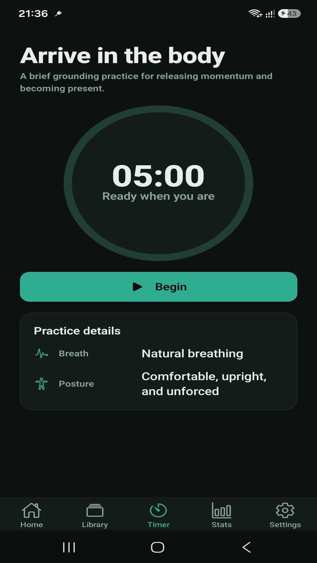 MeditationFlow timer screen for a five minute grounding practice