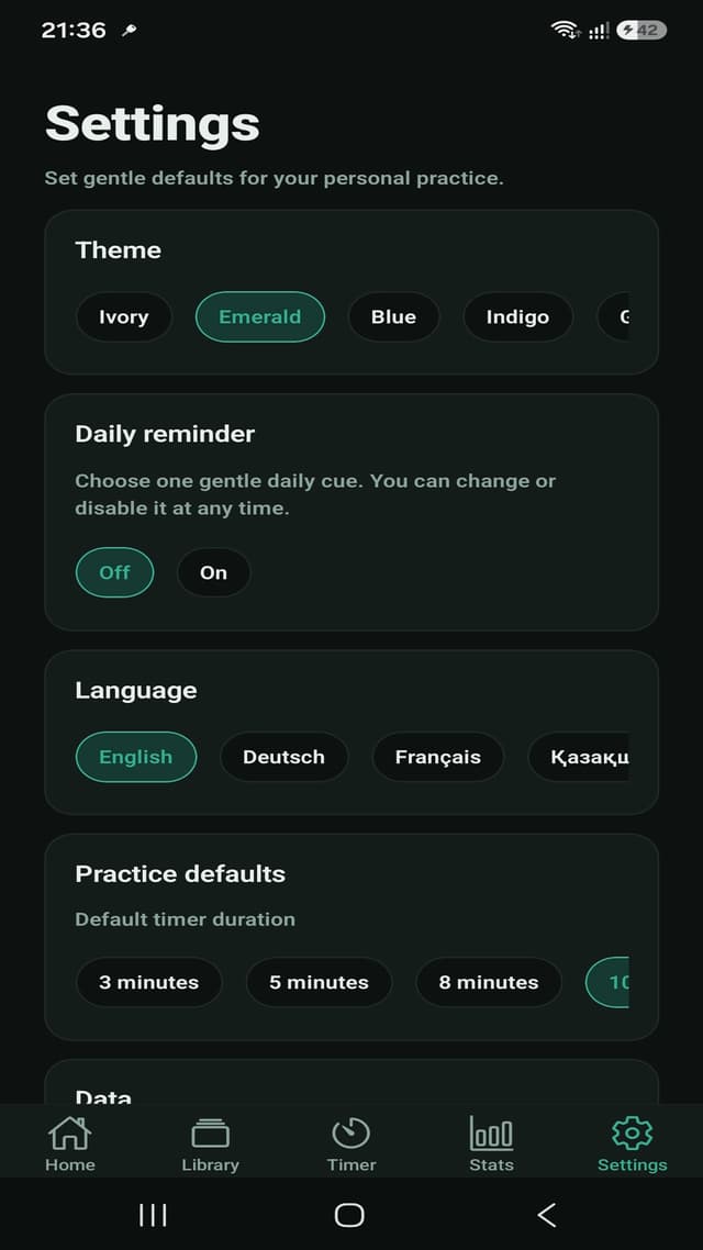 MeditationFlow settings screen with theme, reminders, language, and timer defaults