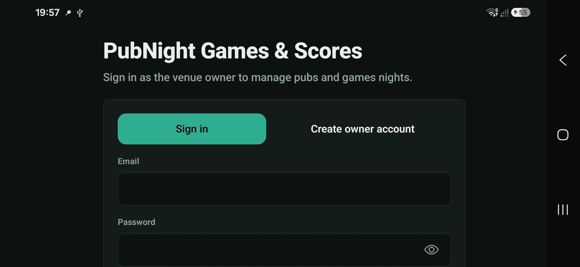 PubPlay owner sign-in and account creation screen