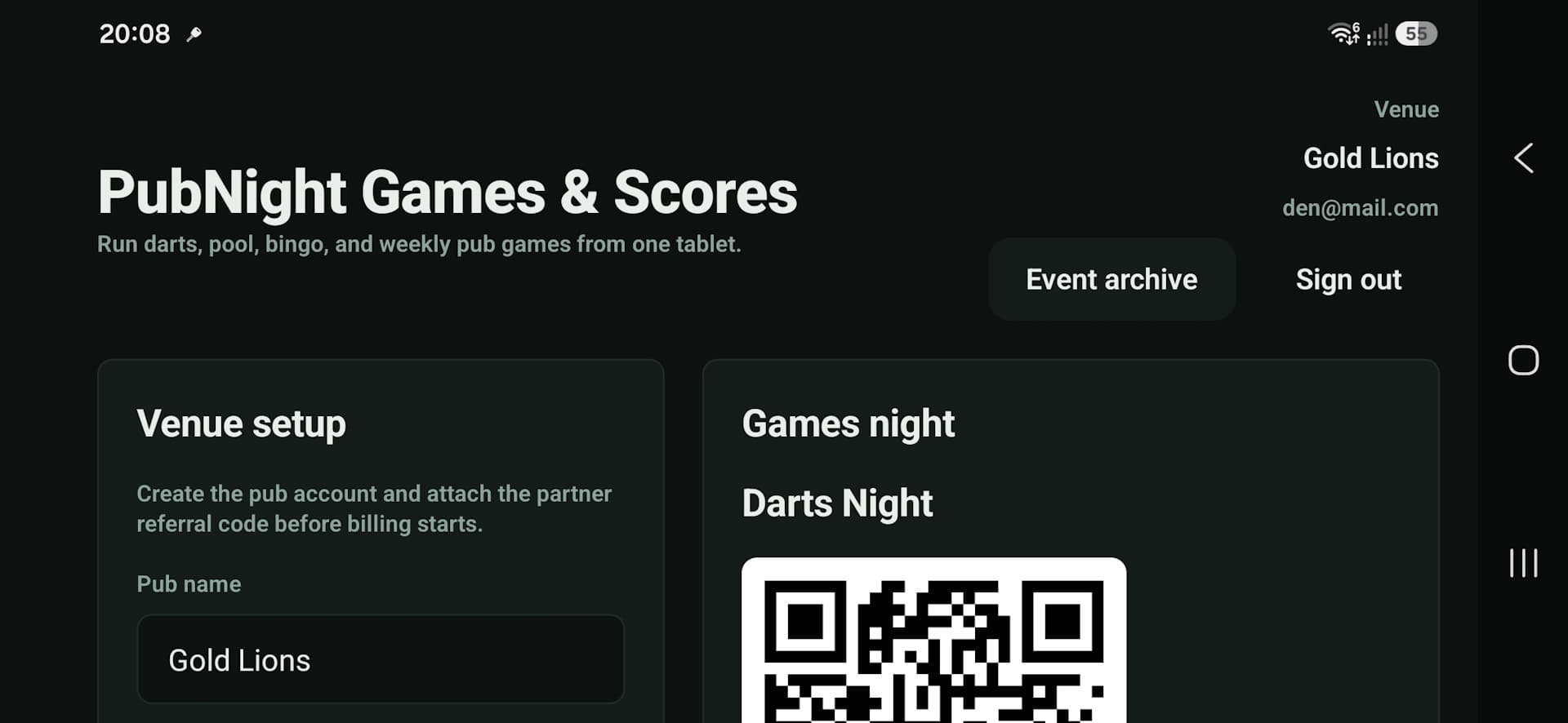 PubPlay venue setup and games night dashboard