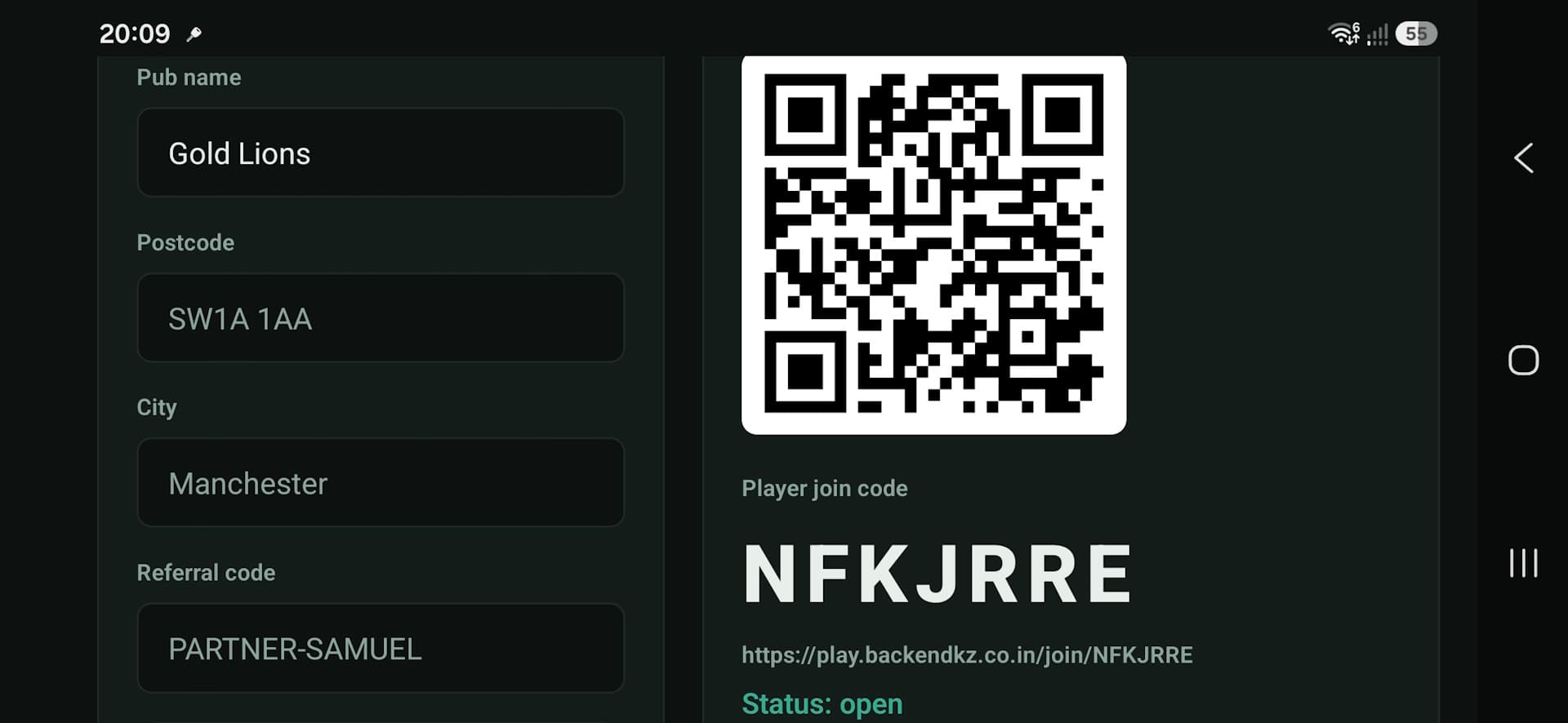 PubPlay player QR code and join code