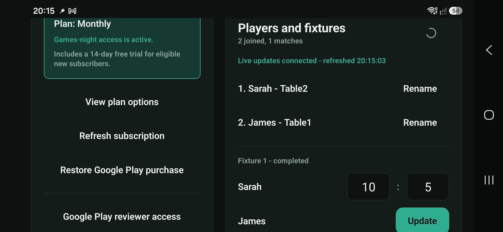 PubPlay host screen showing players, fixtures, and score entry