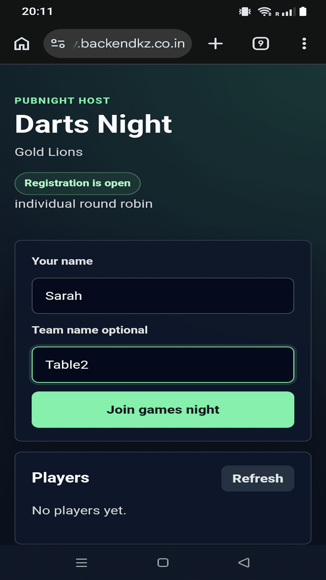 PubPlay mobile web page for joining a darts night