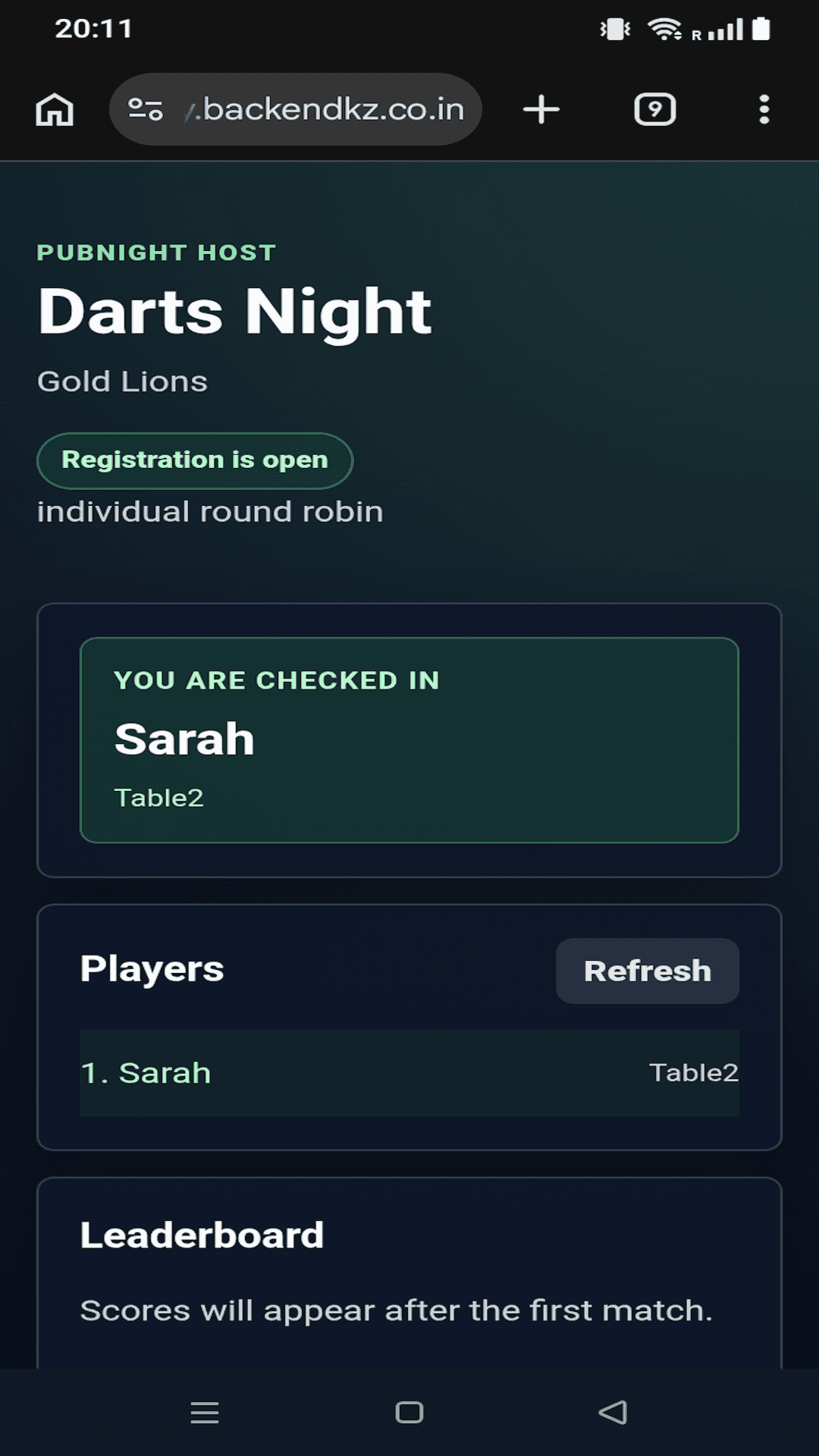 PubPlay mobile web page confirming player check-in