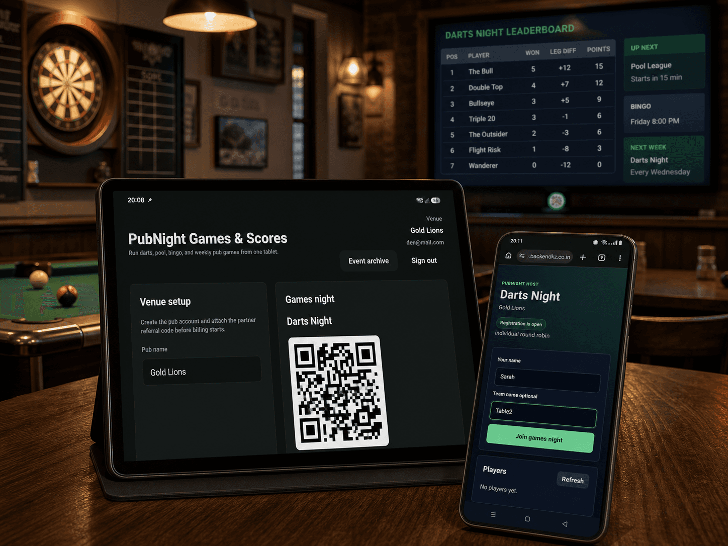 PubPlay host tablet, QR player join page, and live TV leaderboard working together in a pub