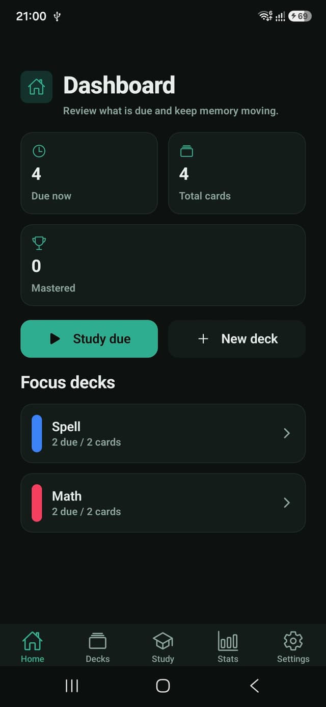 StudyFlow Android app dashboard showing due cards and focus decks