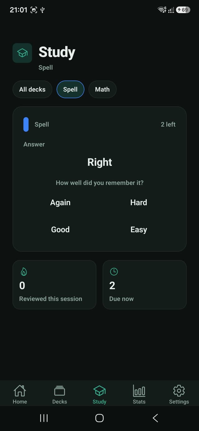 StudyFlow review screen with Again, Hard, Good, and Easy recall ratings