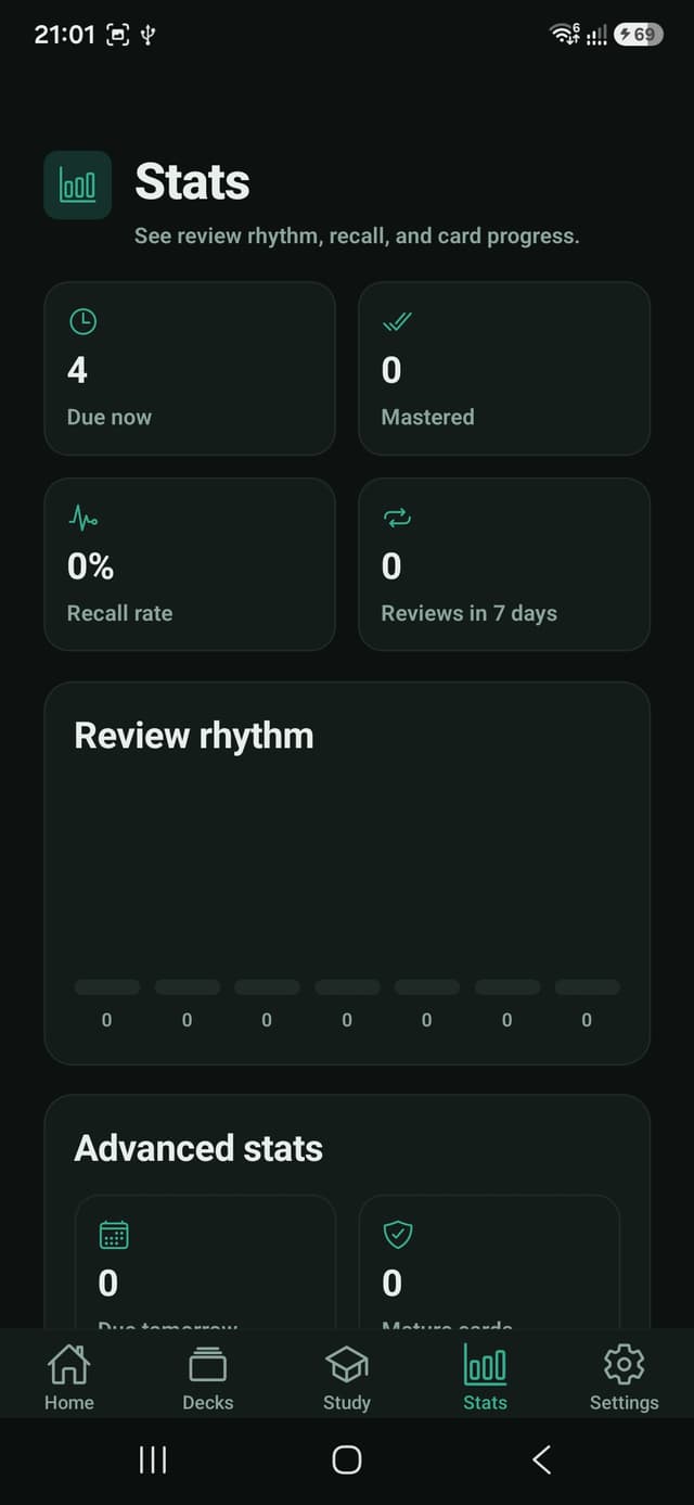StudyFlow statistics with due cards, recall rate, and review rhythm