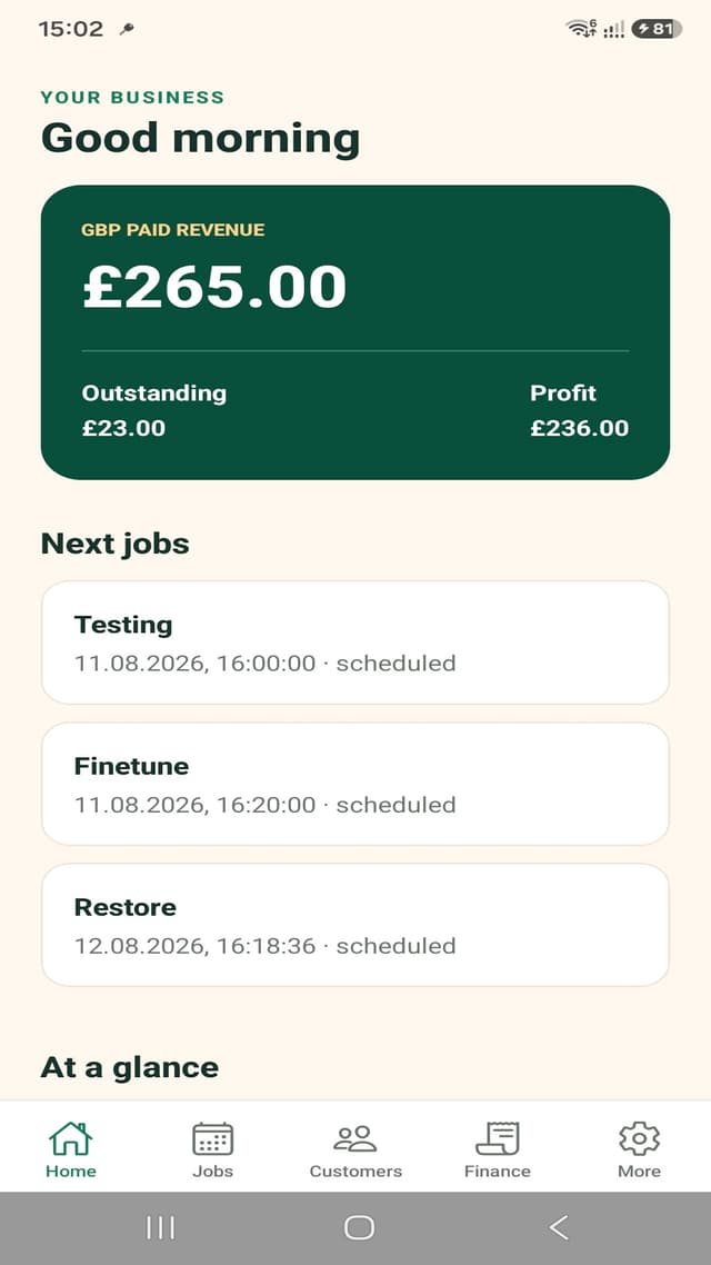 TradesMate dashboard with paid revenue, outstanding balance, profit, and upcoming jobs