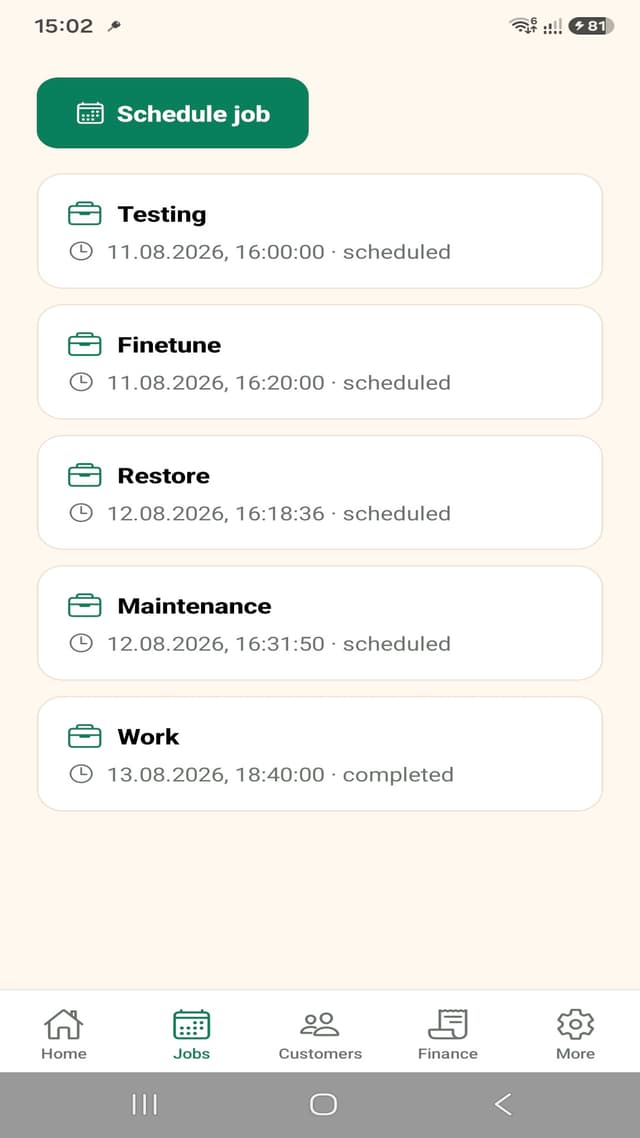 TradesMate Android job schedule with upcoming and completed work