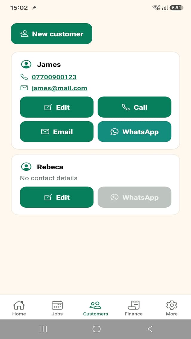 TradesMate customer directory with call, email, and WhatsApp actions