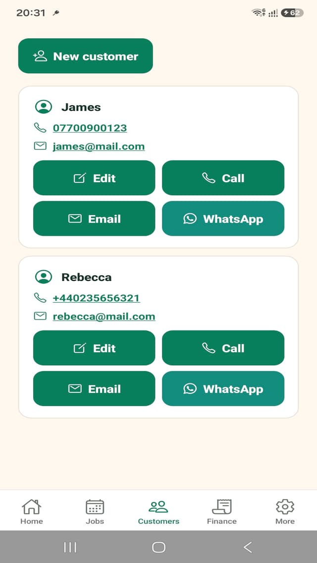 TradesMate customer management screen with customer contact actions