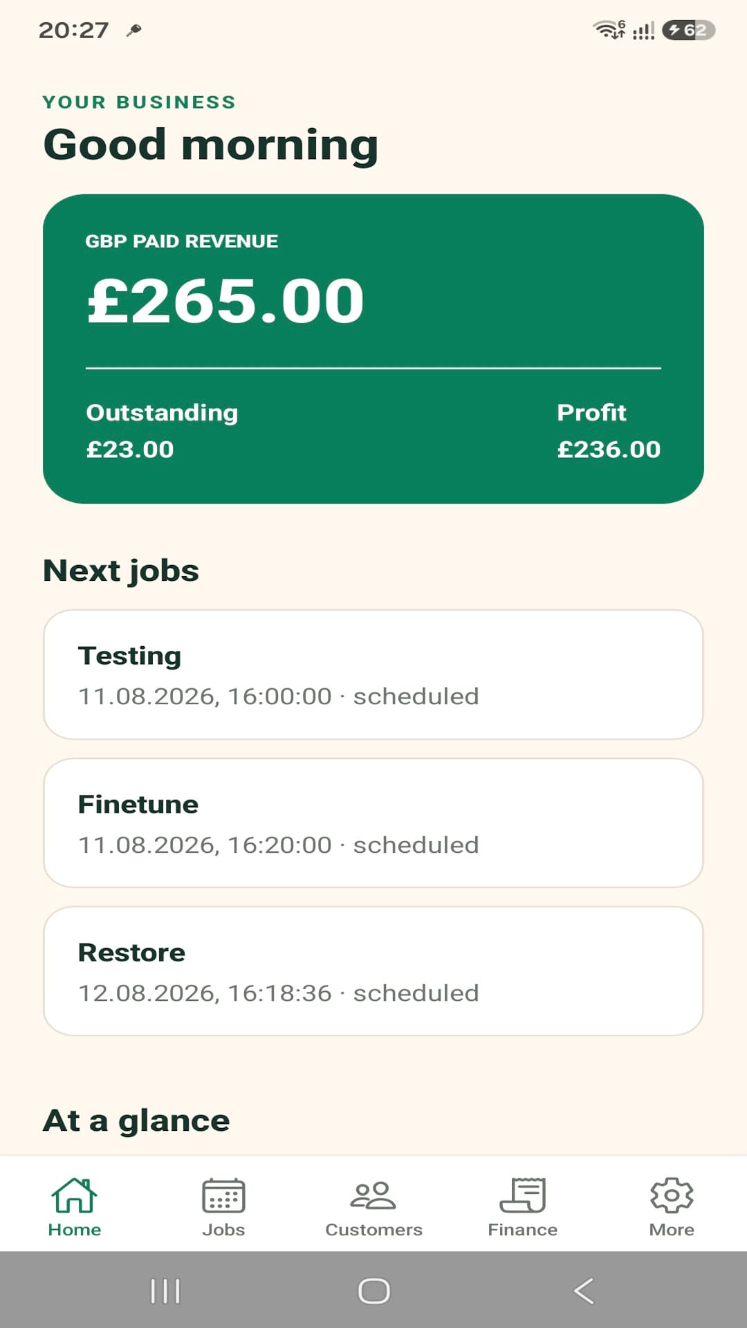 TradesMate dashboard with paid revenue, outstanding balances, profit, and next jobs
