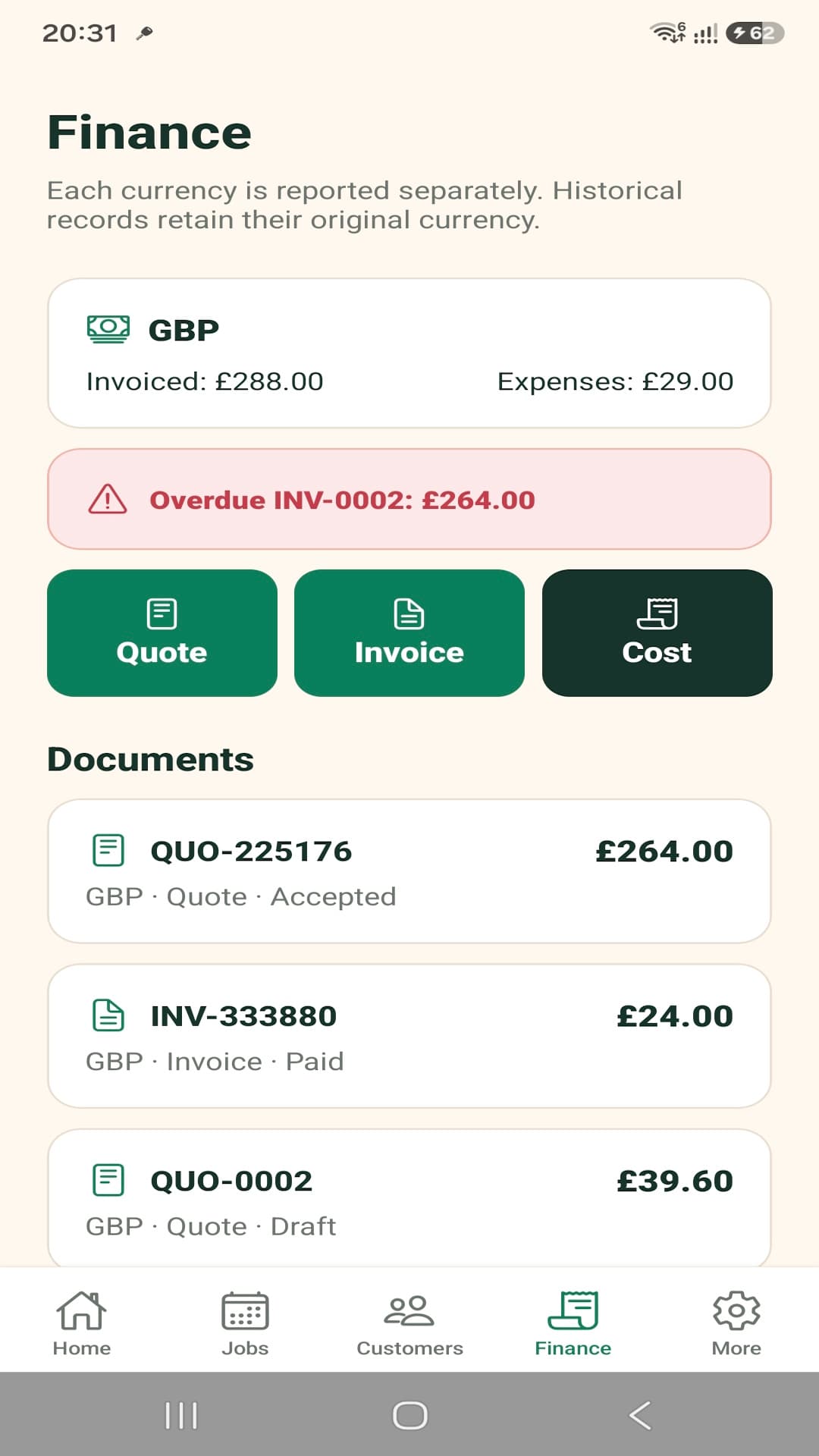 TradesMate finance screen with quotes, invoices, costs, and overdue work