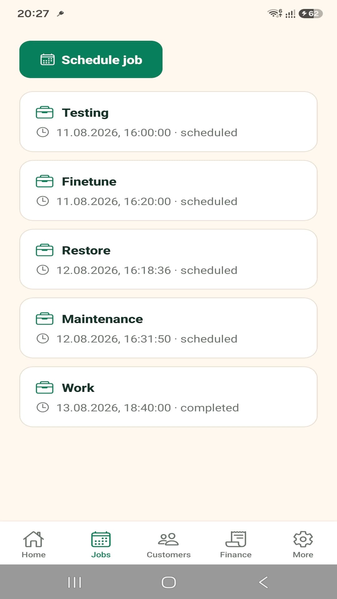 TradesMate job management screen with scheduled and completed work