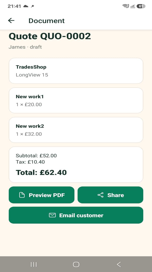 TradesMate quote detail screen showing line items, tax and PDF sharing options