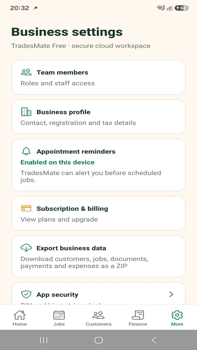 TradesMate business settings screen showing team access, reminders and data export