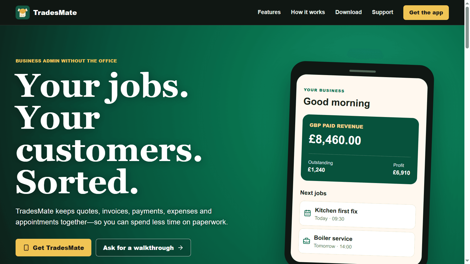 TradesMate website showing business dashboard, jobs, and product calls to action